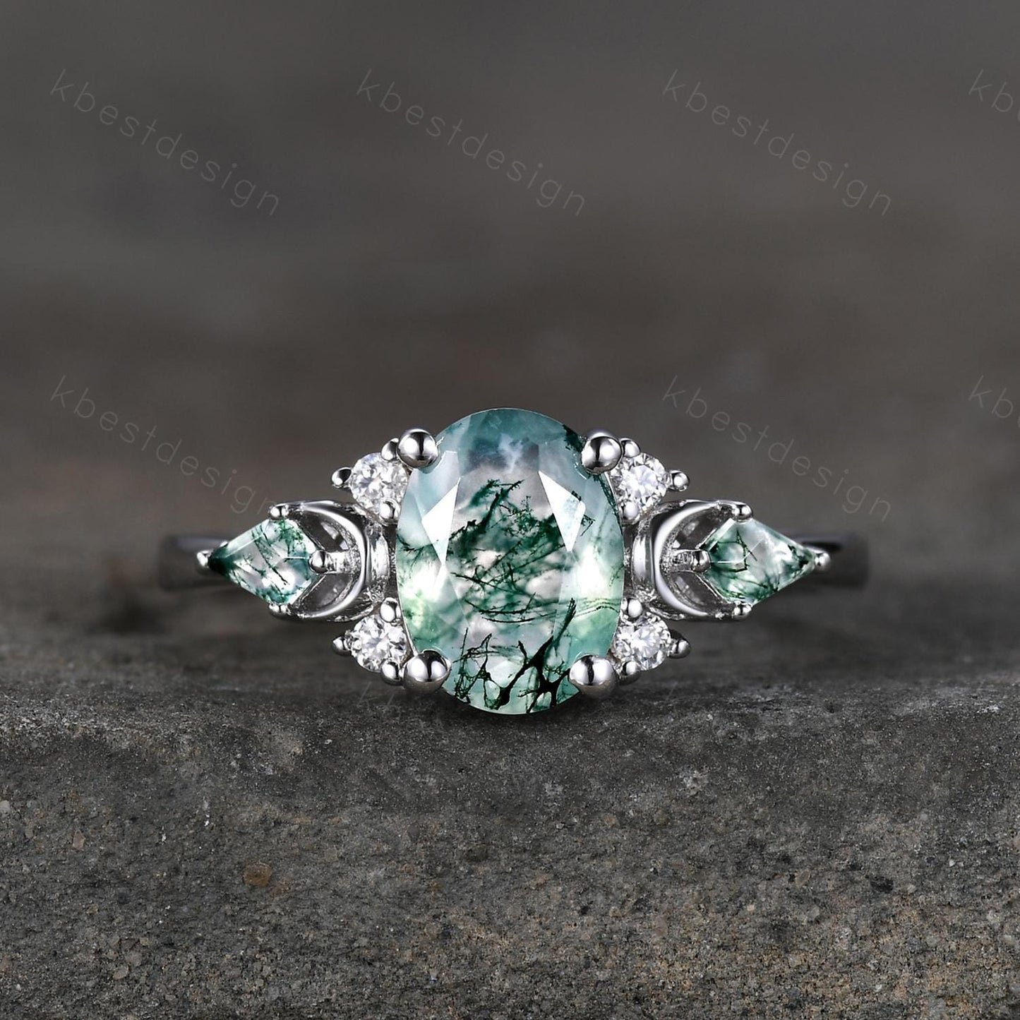 Vintage moss agate engagement ring unique promise ring for women crescent style ring kite cut moss agate cluster ring bridal ring