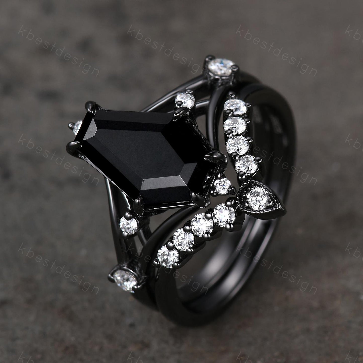 Gothic Black Onyx Engagement Ring Set Black Gold Rings For Women Unique Curved Moissanite Stacking Band Promise Statement Ring