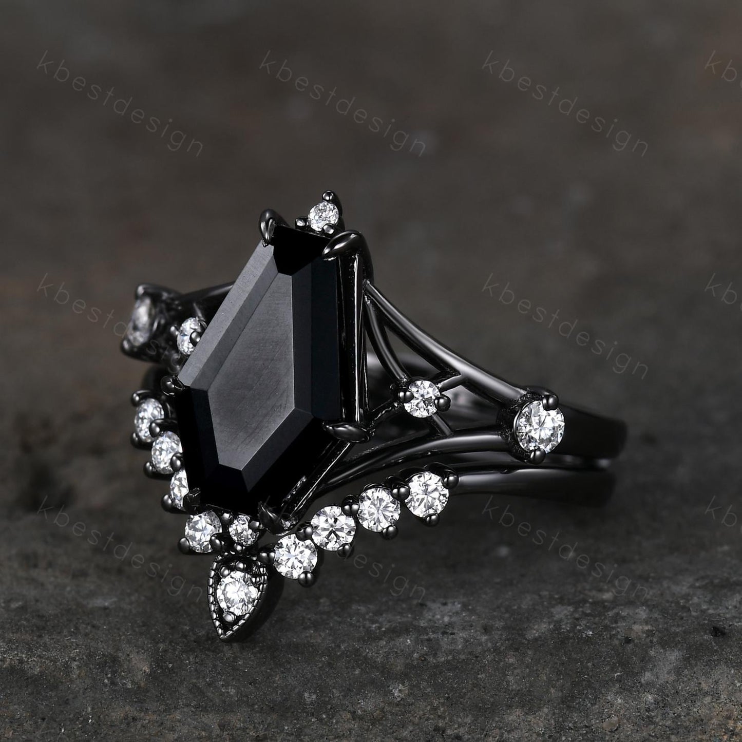 Gothic Black Onyx Engagement Ring Set Black Gold Rings For Women Unique Curved Moissanite Stacking Band Promise Statement Ring