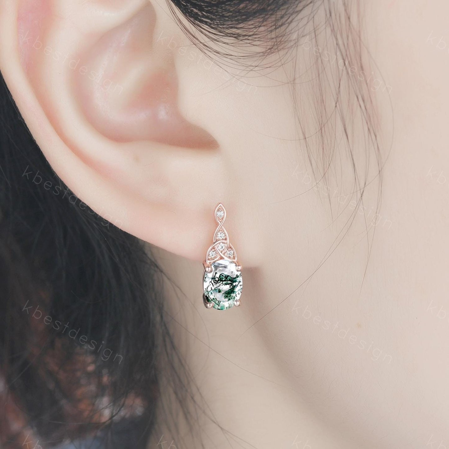 Celtic moss agate earrings women rose gold earring studs oval cut earrings art deco green agate studs anniversary gift for her