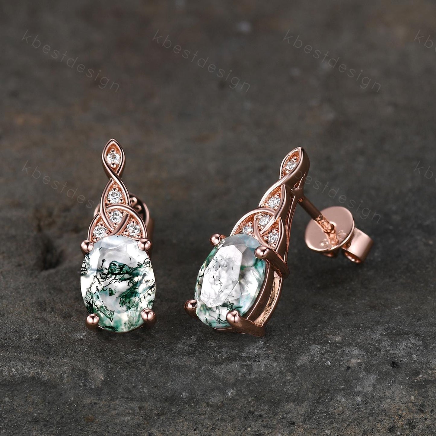 Celtic moss agate earrings women rose gold earring studs oval cut earrings art deco green agate studs anniversary gift for her