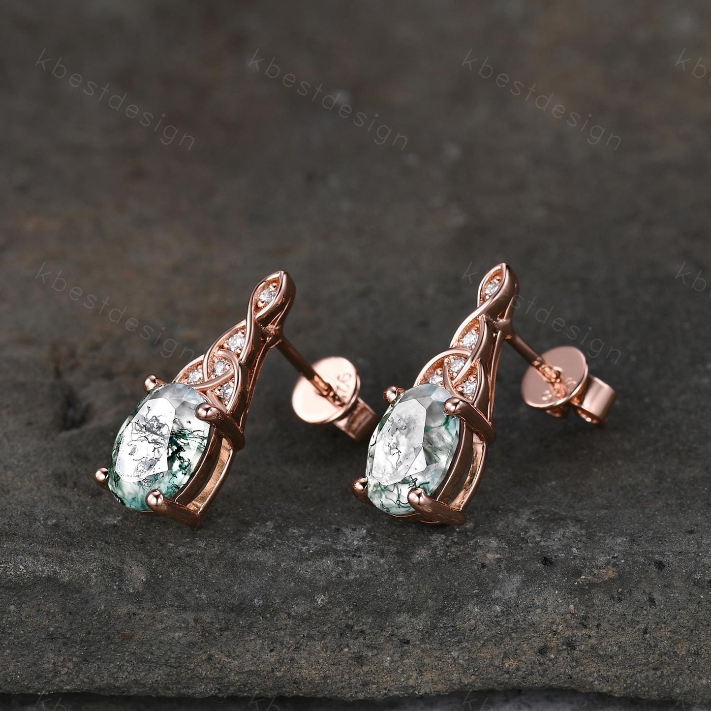 Celtic moss agate earrings women rose gold earring studs oval cut earrings art deco green agate studs anniversary gift for her