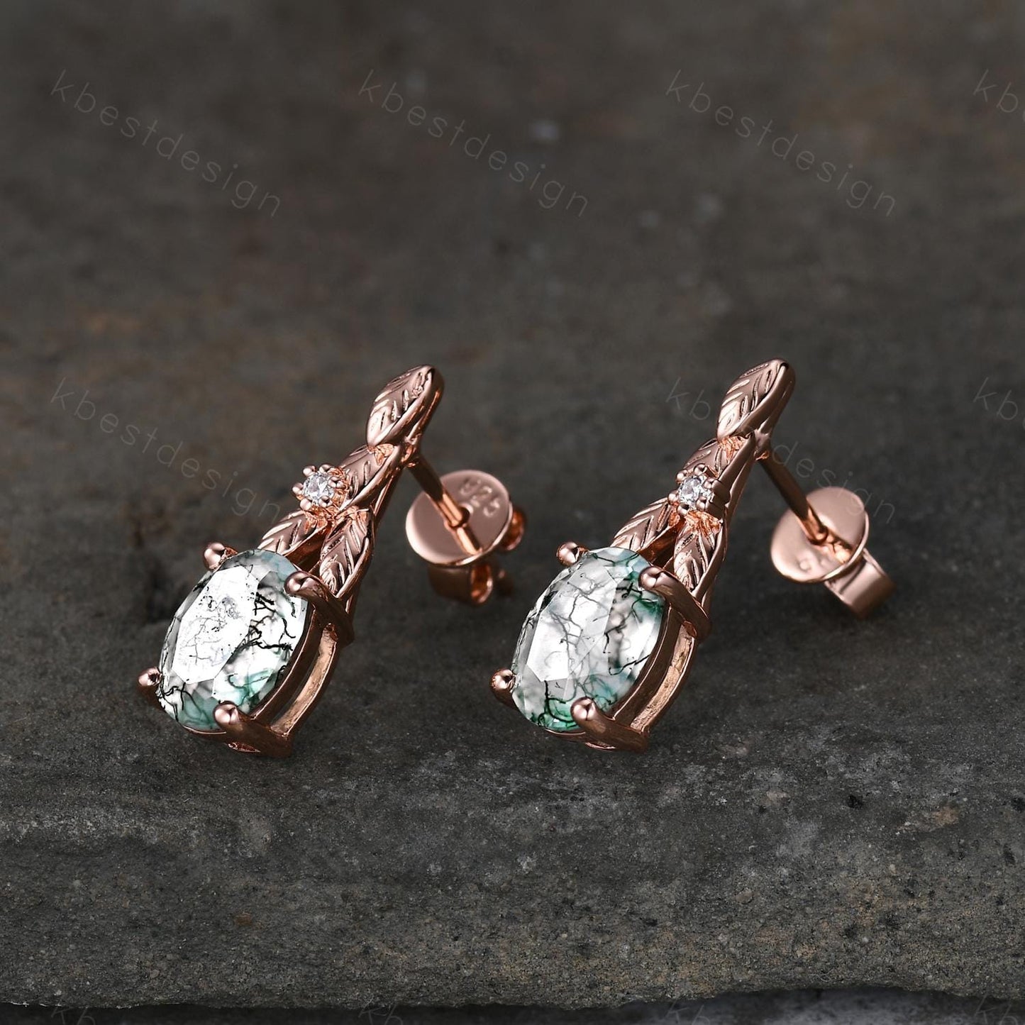 Oval cut moss agate earrings women rose gold earring studs branch leaf earrings nature inspired green agate studs anniversary gift for her