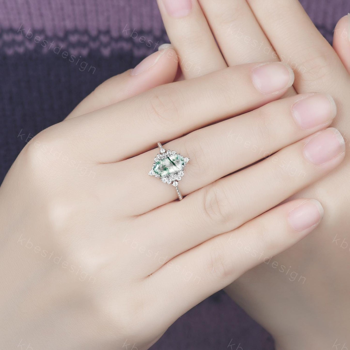 Retro moss agate engagement ring Long hexagon cut ring for women moissanite cluster ring art deco promise ring bridal ring