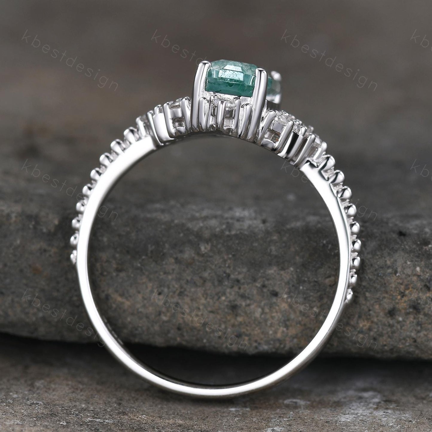 Retro moss agate engagement ring Long hexagon cut ring for women moissanite cluster ring art deco promise ring bridal ring
