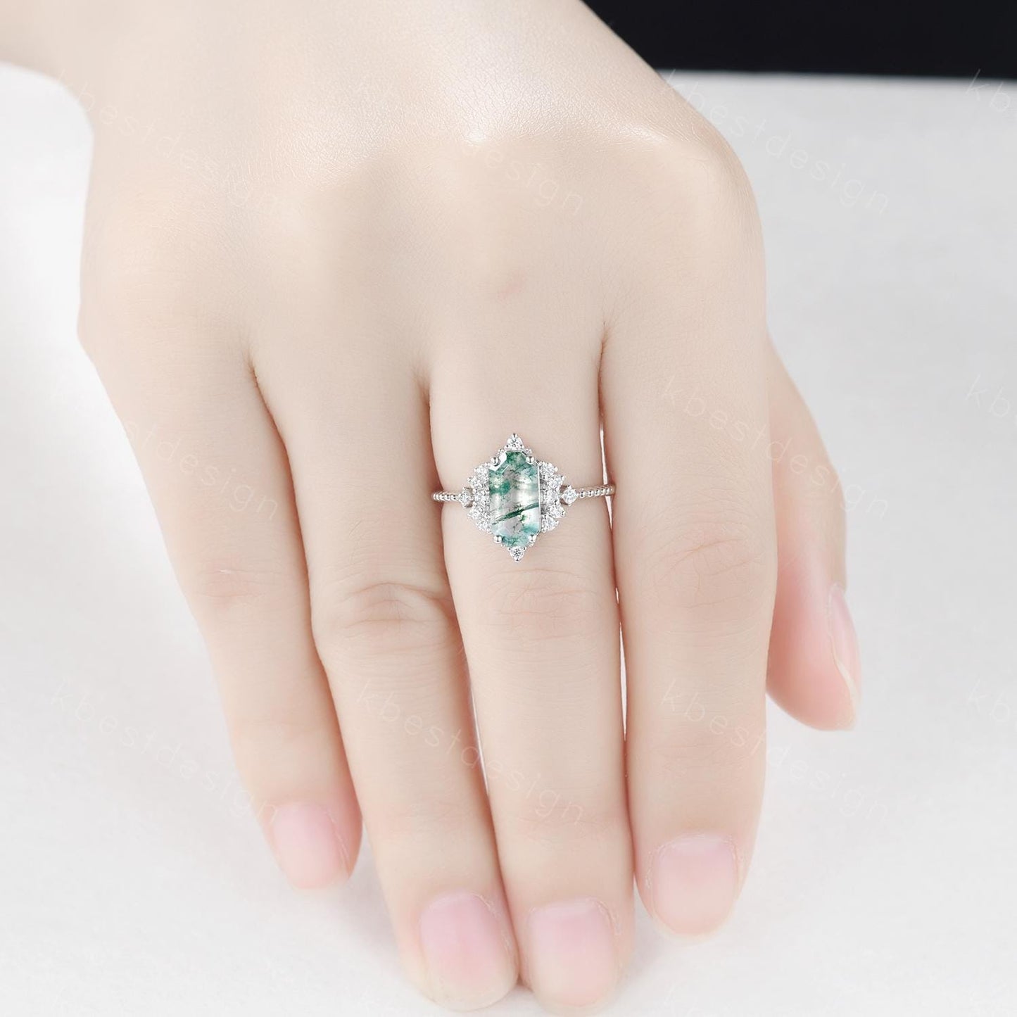 Retro moss agate engagement ring Long hexagon cut ring for women moissanite cluster ring art deco promise ring bridal ring