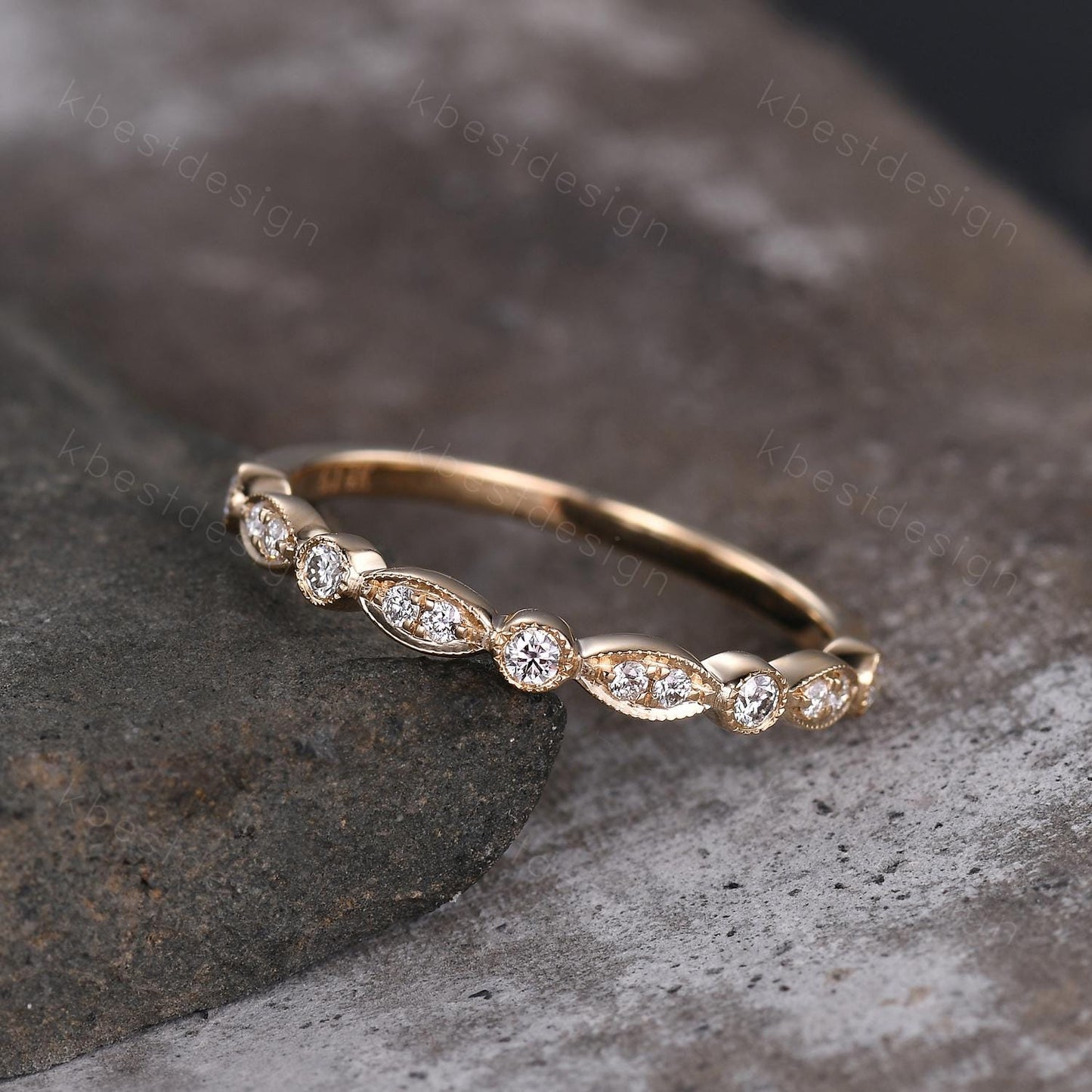 Dainty Moissanite wedding band women art deco half eternity band 14k solid gold wedding band Unique Stacking Matching anniversary ring gift