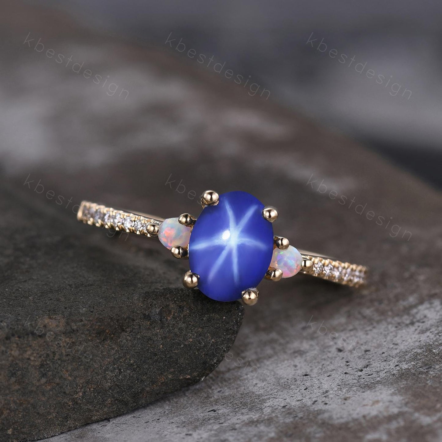 Star Sapphire Engagement Ring Oval Cut Galaxy Crystal Engagement Ring Yellow Gold Opal Three stone Ring Unique Promise Ring September Ring