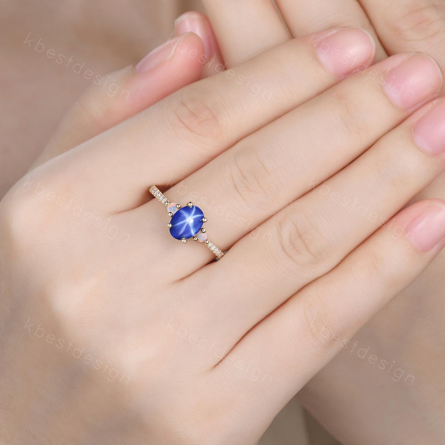 Star Sapphire Engagement Ring Oval Cut Galaxy Crystal Engagement Ring Yellow Gold Opal Three stone Ring Unique Promise Ring September Ring
