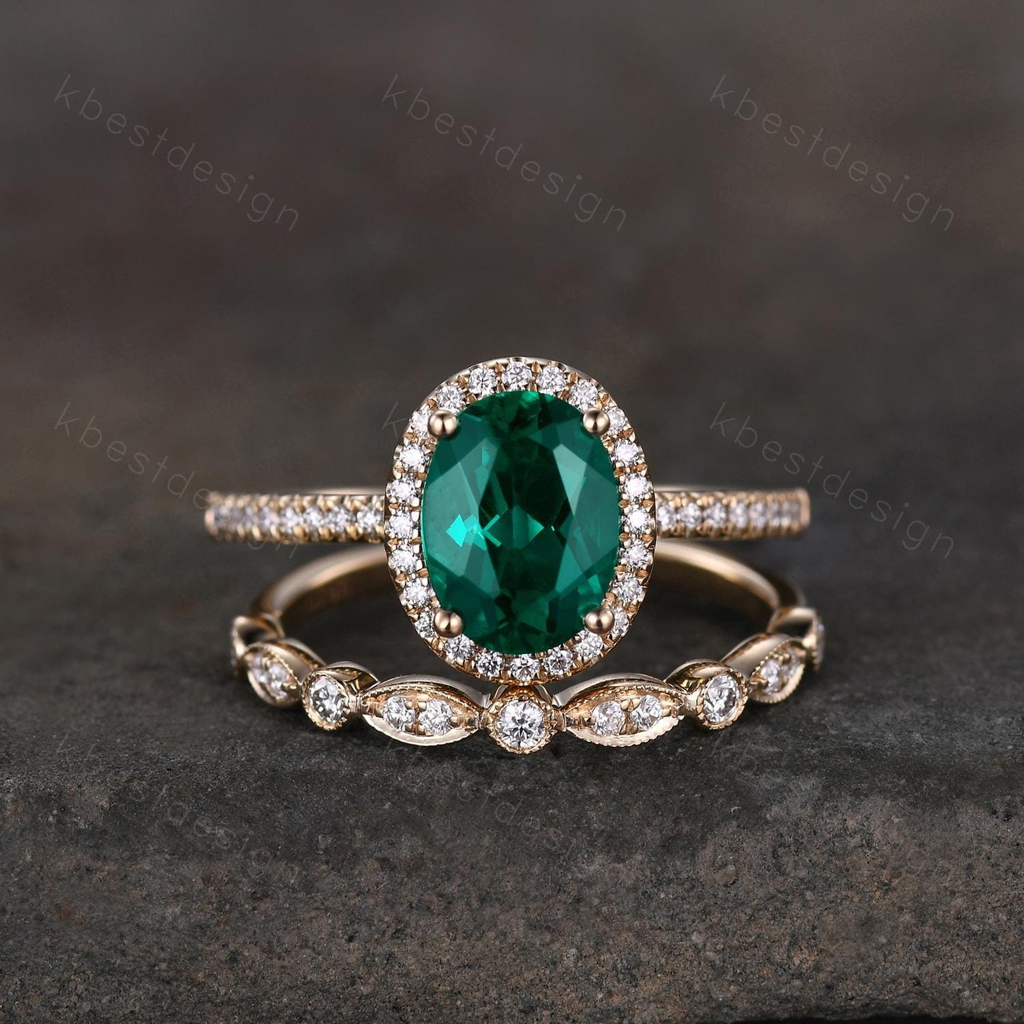 Emerald ring vintage unique oval emerald engagement ring set 14k solid gold ring for women Art deco moissanite wedding band May birthstone
