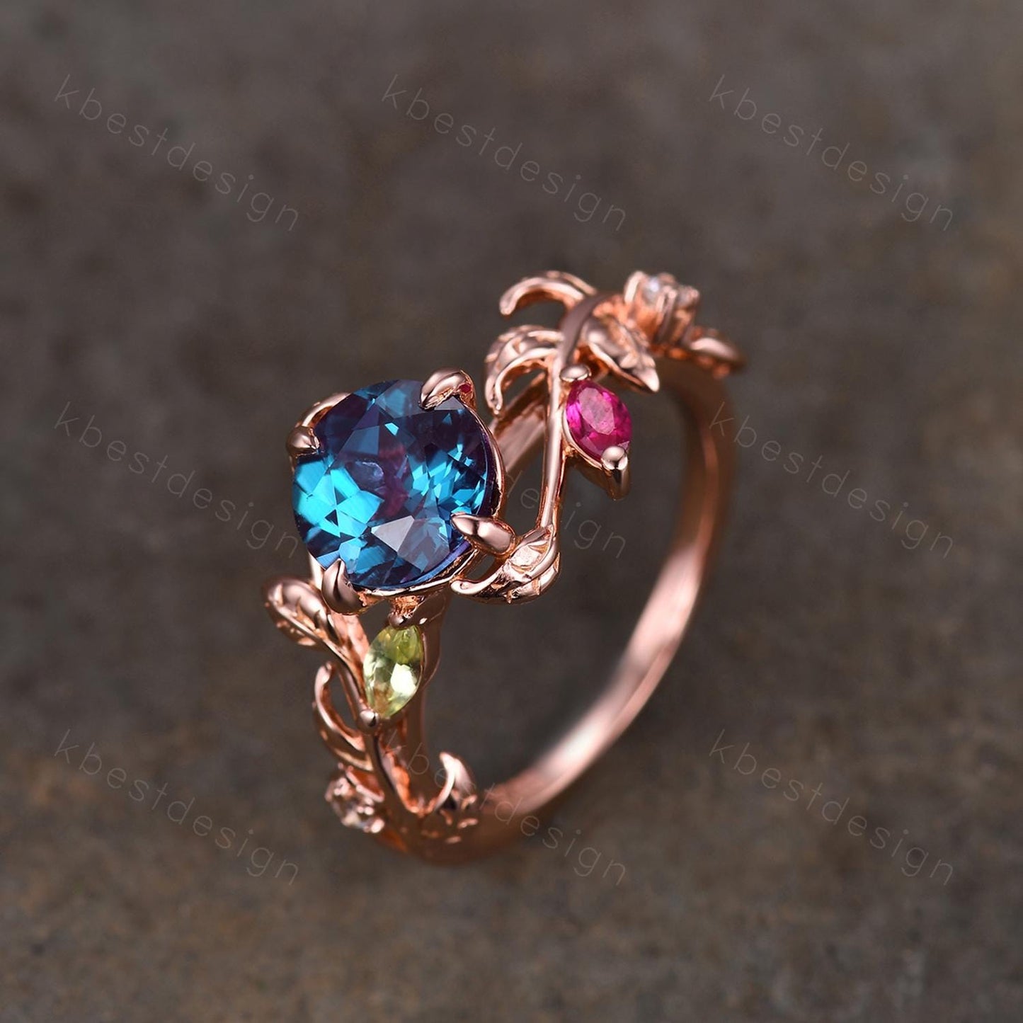 Vintage alexandrite engagement ring rose gold twig leaf ring art deco cluster peridot ruby ring nature inspired ring multi stone ring