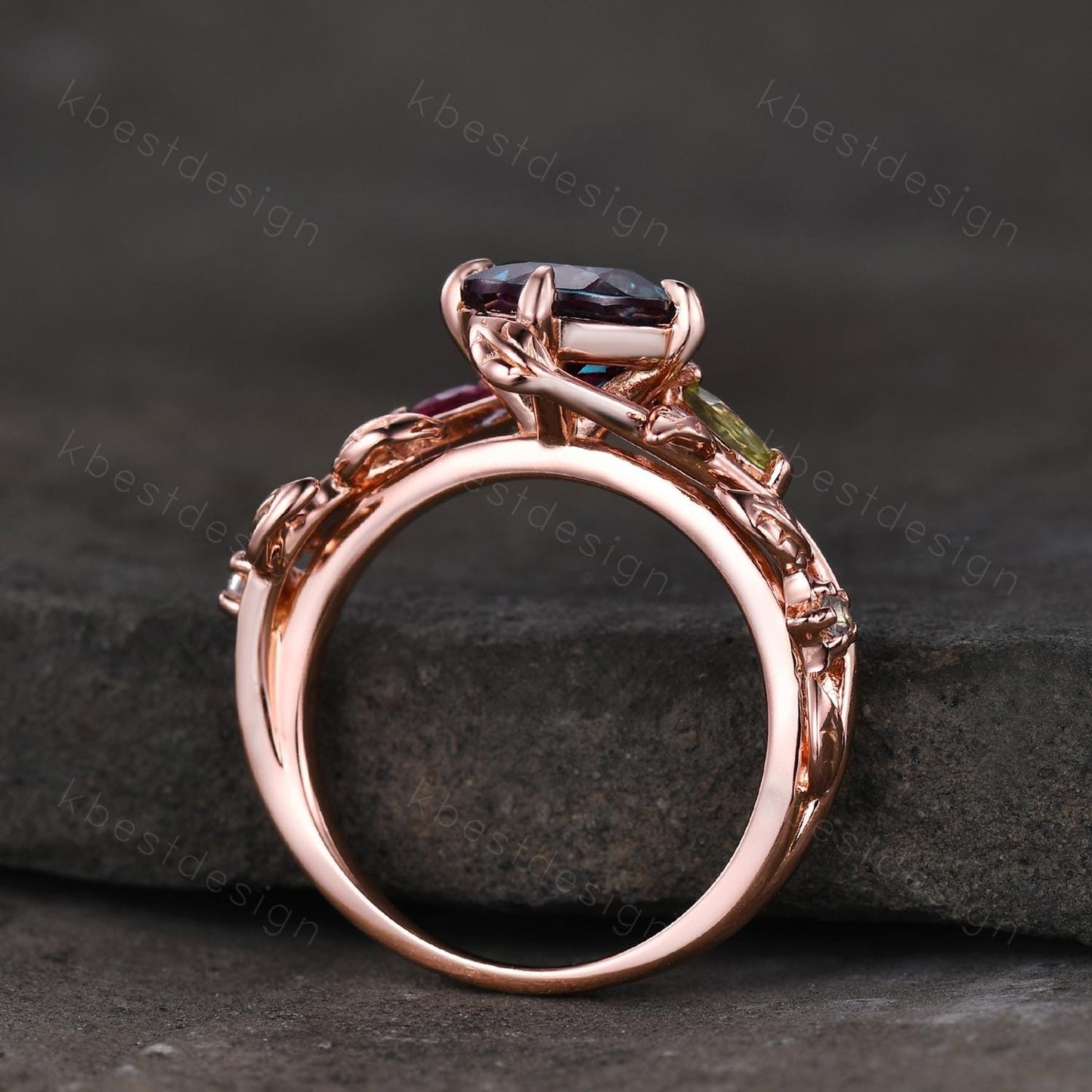Vintage alexandrite engagement ring rose gold twig leaf ring art deco cluster peridot ruby ring nature inspired ring multi stone ring