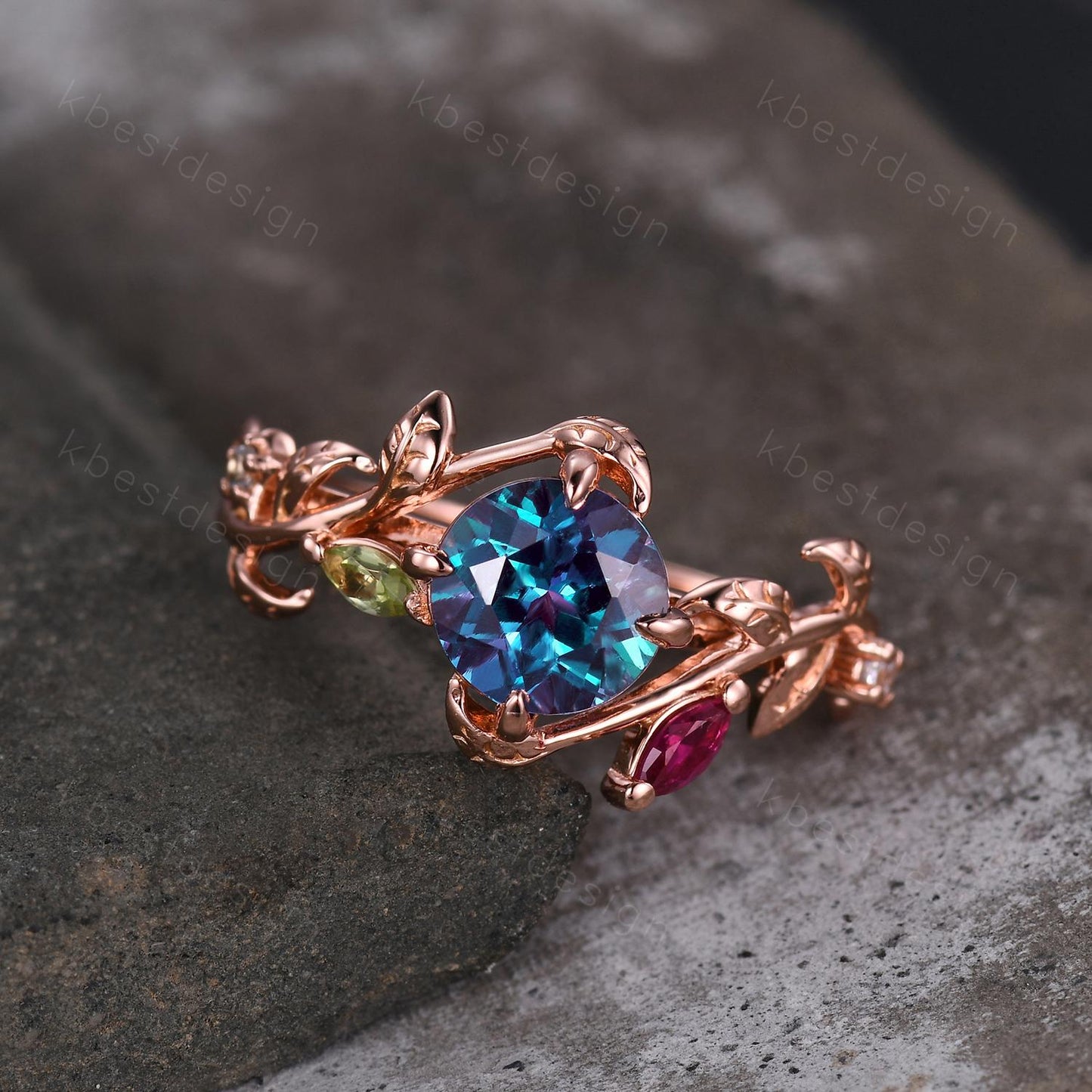 Vintage alexandrite engagement ring rose gold twig leaf ring art deco cluster peridot ruby ring nature inspired ring multi stone ring