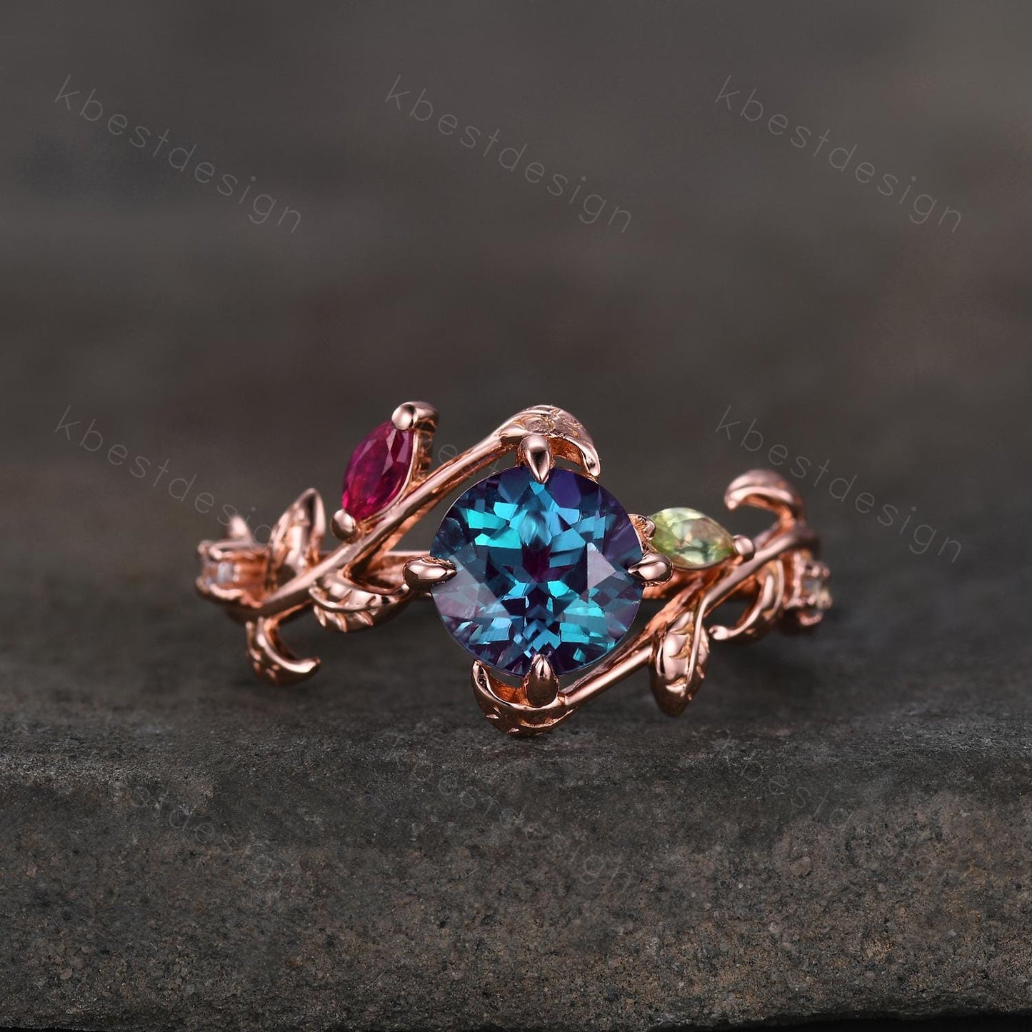 Vintage alexandrite engagement ring rose gold twig leaf ring art deco cluster peridot ruby ring nature inspired ring multi stone ring