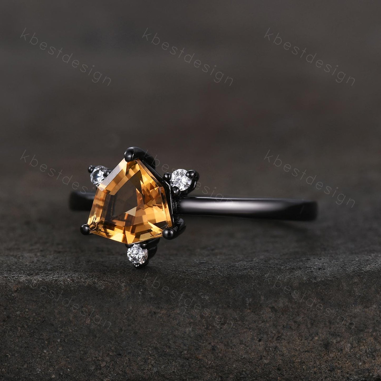 Irregular Cirtine Engagement Ring Gothic Black Gold Ring Unique Trillion Cut Citrine Ring Yellow Gemstone Solitaire Ring Promise Ring