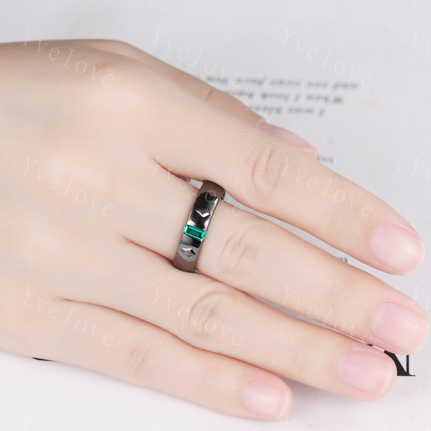 5mm Baguette Cut Emerald Ring Mens Kite Smoky Quartz Wedding Band 3 Gems Black Band Ring Mens Stacking Matching Band Retro Vintage Ring Gift