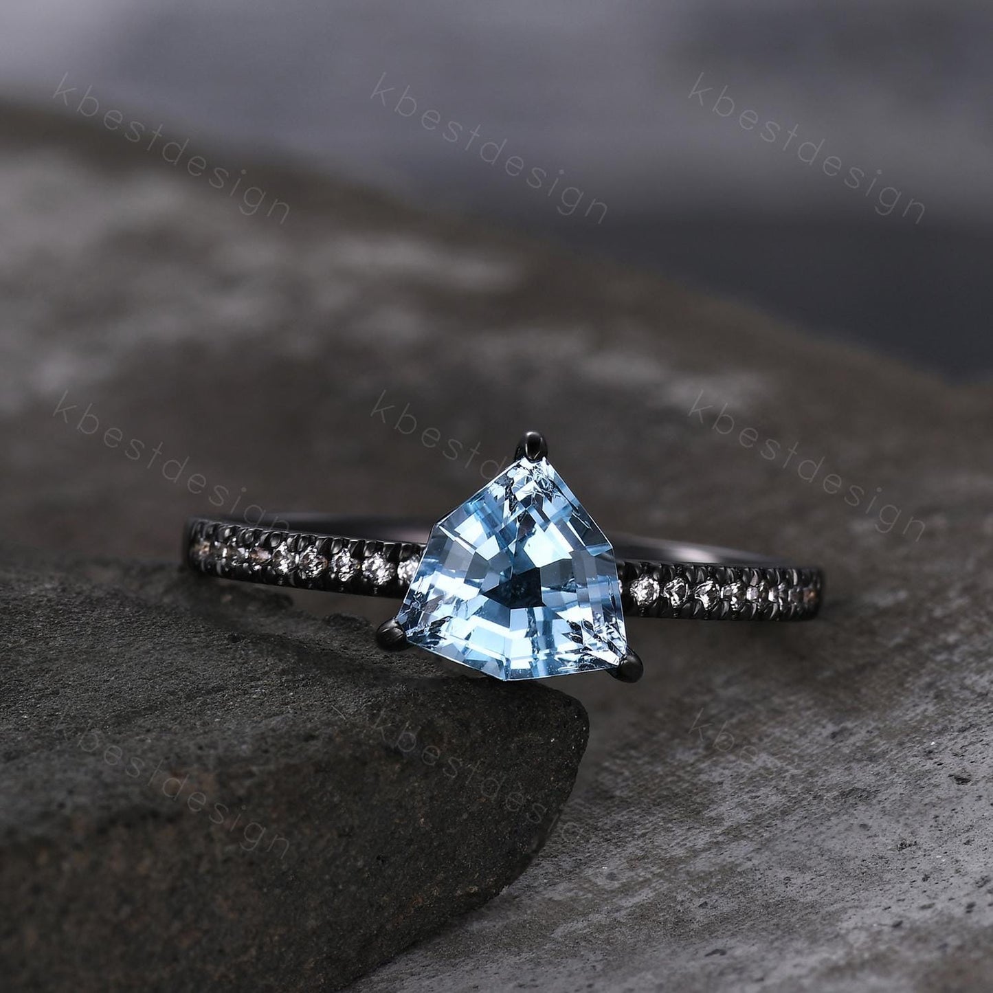 7mm Trillion cut Blue Topaz Ring Gothic Black Gold Ring Unique Irregular Engagement Ring December Gemstone Solitaire Ring Promise Ring