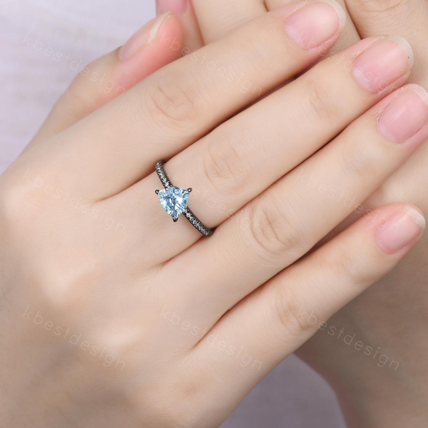 7mm Trillion cut Blue Topaz Ring Gothic Black Gold Ring Unique Irregular Engagement Ring December Gemstone Solitaire Ring Promise Ring