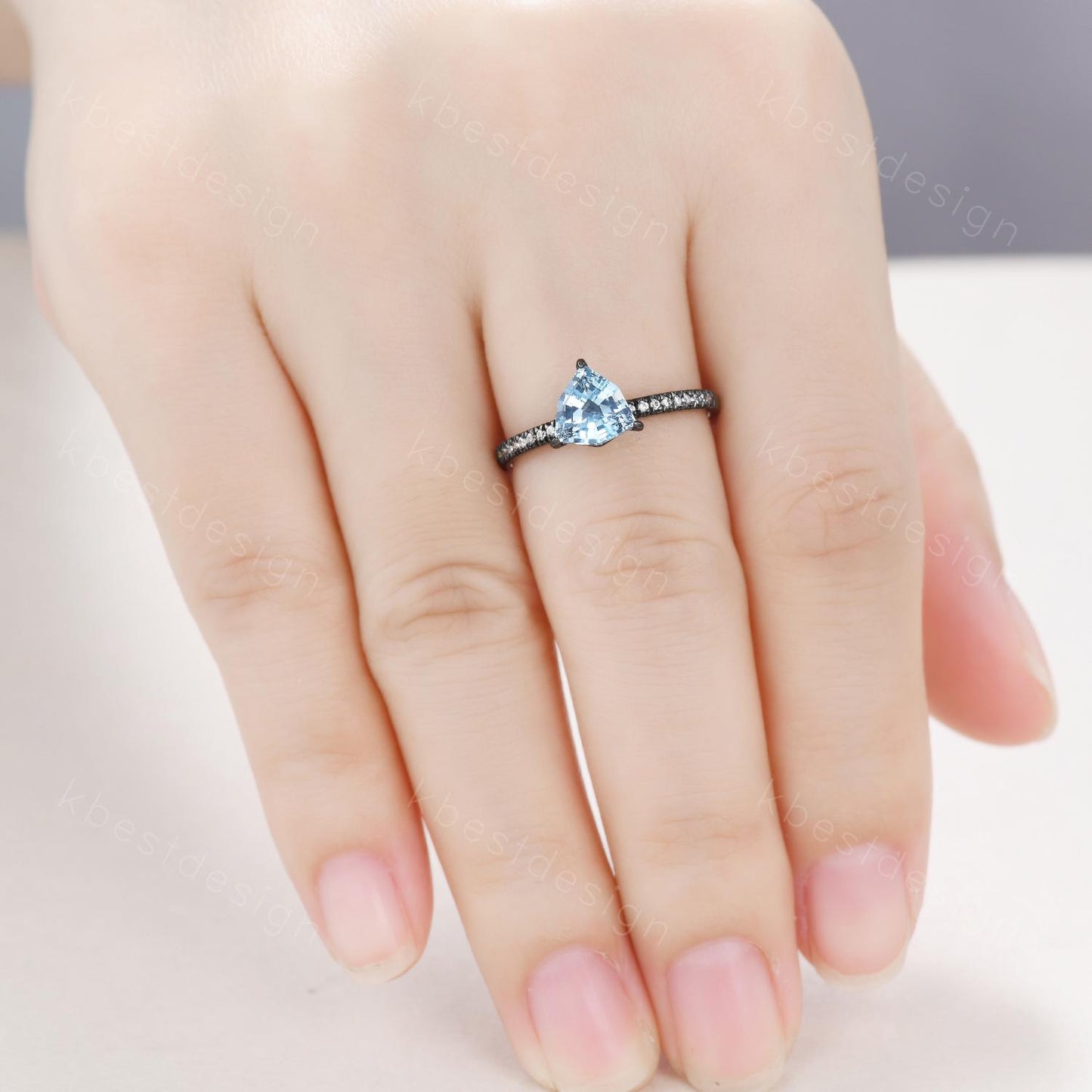 7mm Trillion cut Blue Topaz Ring Gothic Black Gold Ring Unique Irregular Engagement Ring December Gemstone Solitaire Ring Promise Ring