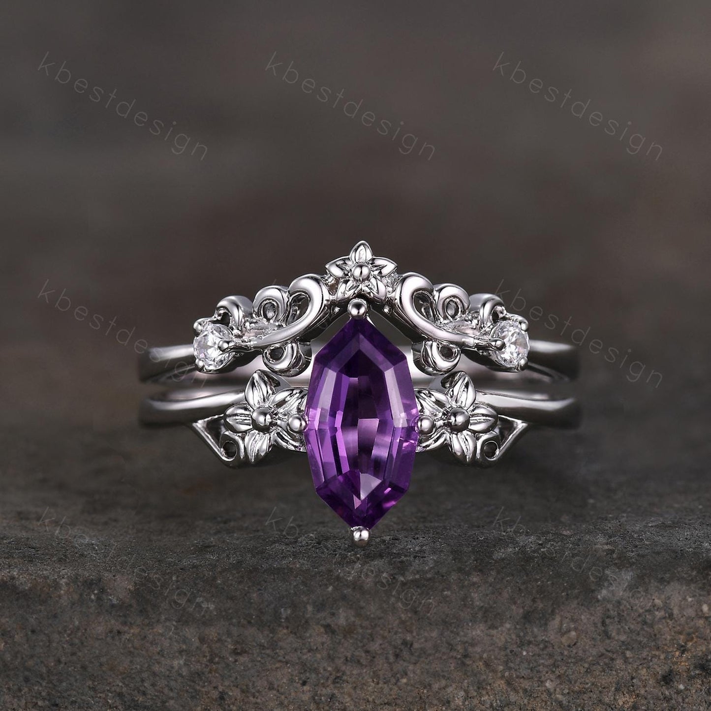 Antique Amethyst Engagement Ring Floral Hexagon cut Amethyst Bridal Set Unique Curved Moissanite Wedding Ring Anniversary Promise Gift