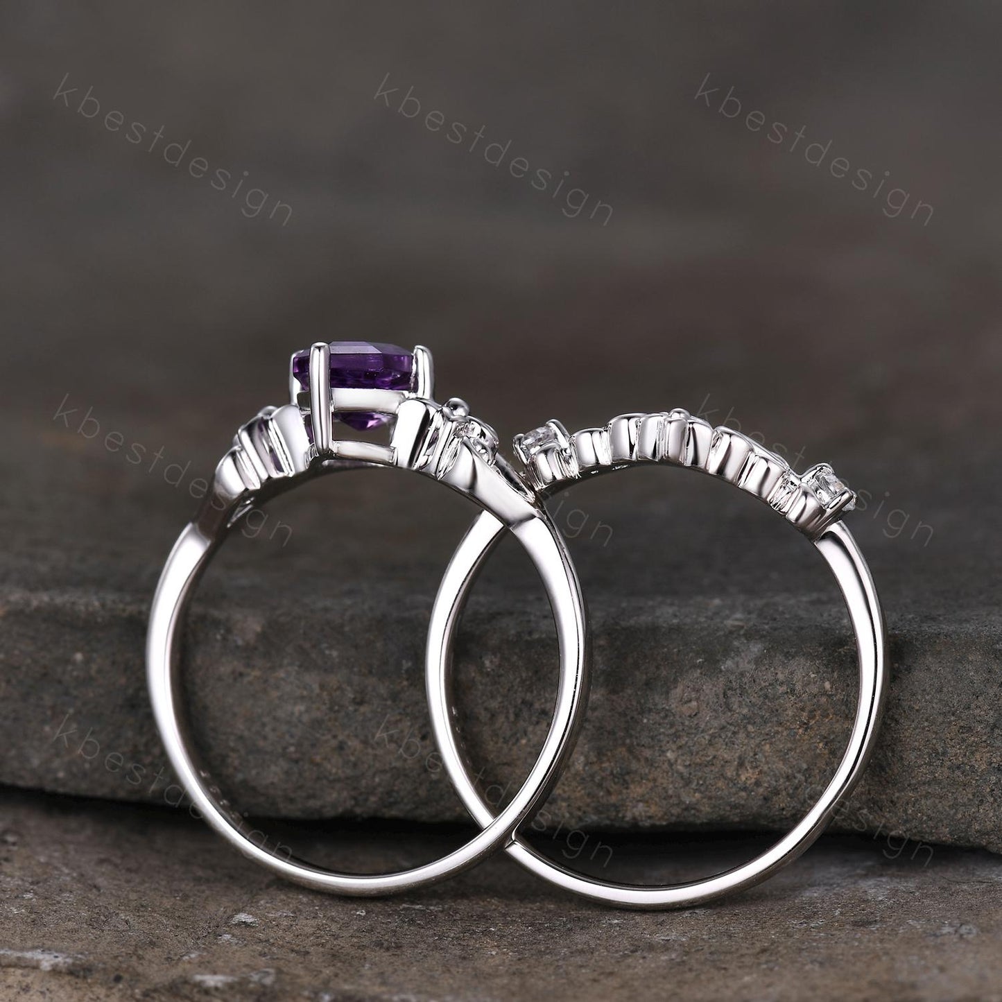 Antique Amethyst Engagement Ring Floral Hexagon cut Amethyst Bridal Set Unique Curved Moissanite Wedding Ring Anniversary Promise Gift