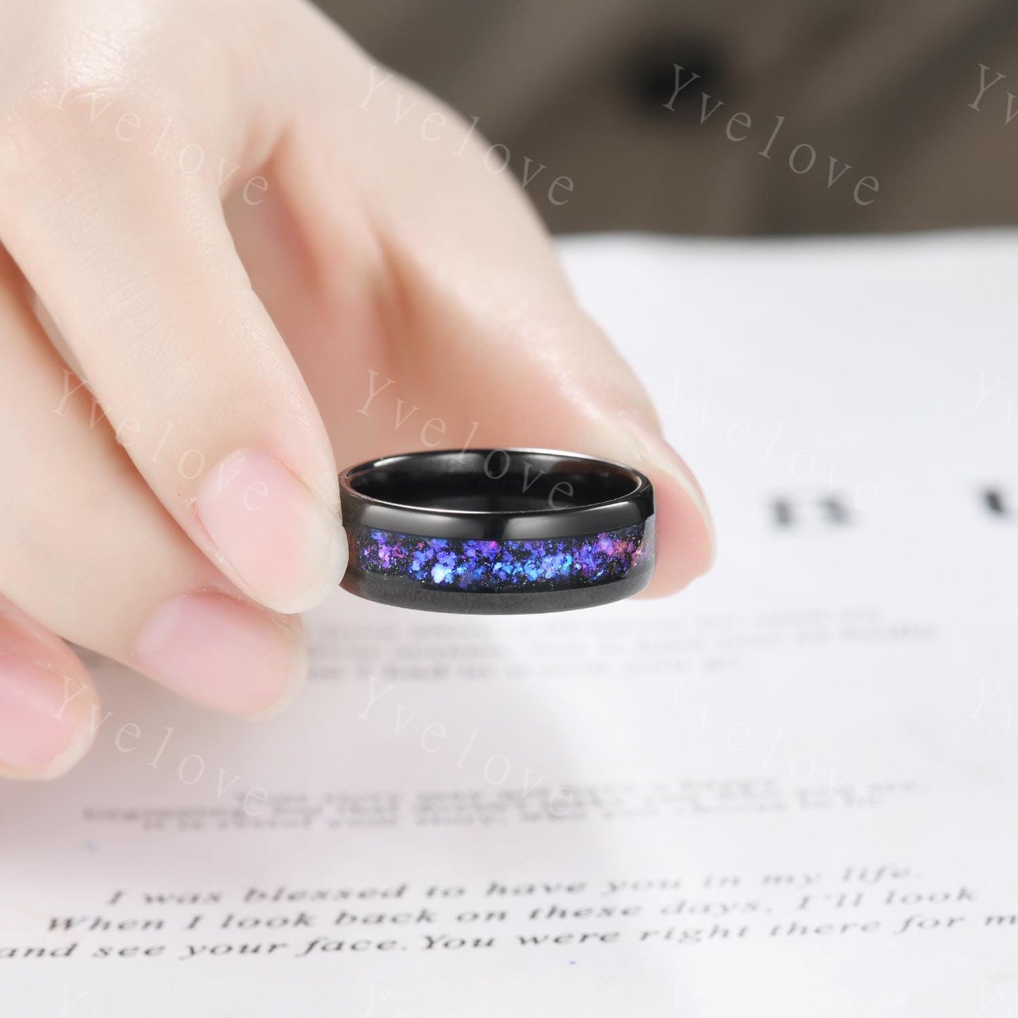 Blue Sapphire Outer Space Couples Ring Set,Galaxy Matching Ring,His and Hers Wedding Band,Tungsten Black Gold Silver Promise Engagement Ring