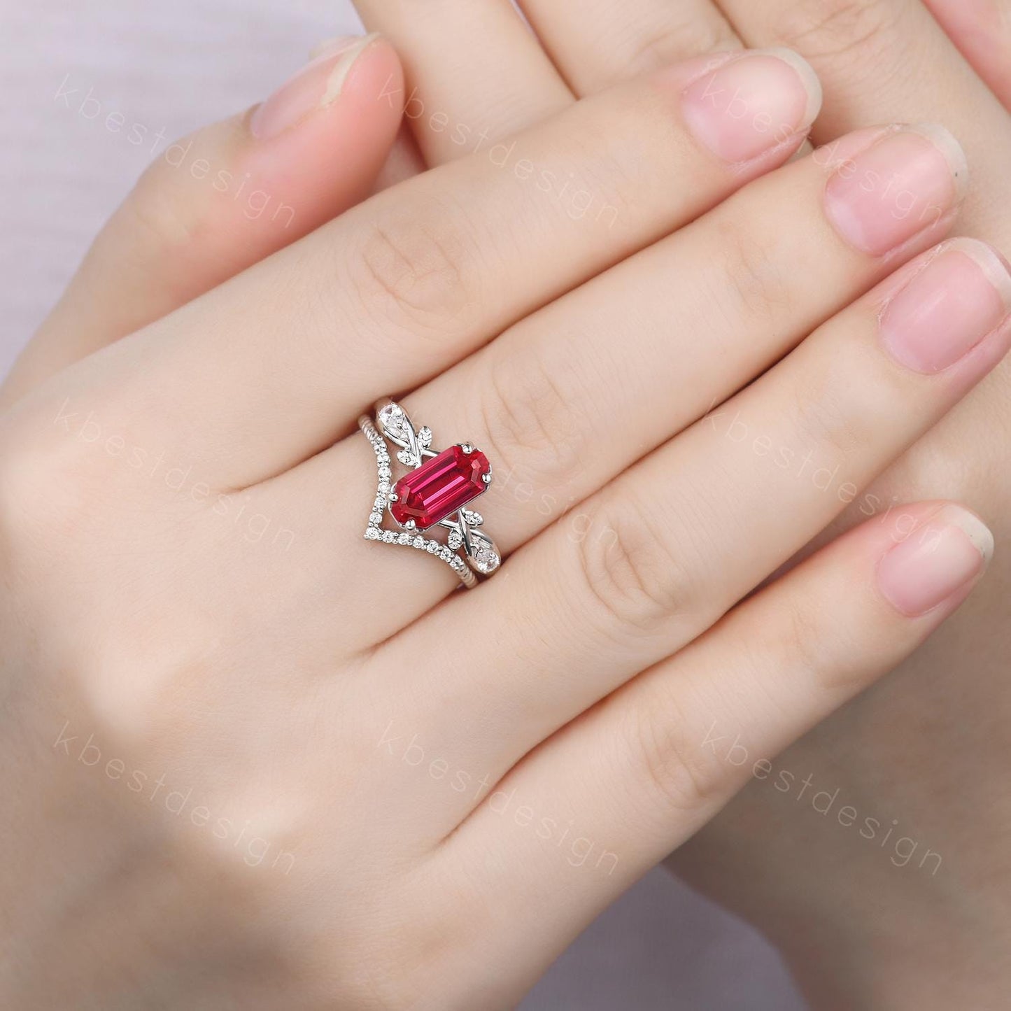 Long Emerald cut Ruby Engagement Ring Twig Leaf Style Bridal Set Unique Curved Moissanite Wedding Ring Anniversary Promise Ring