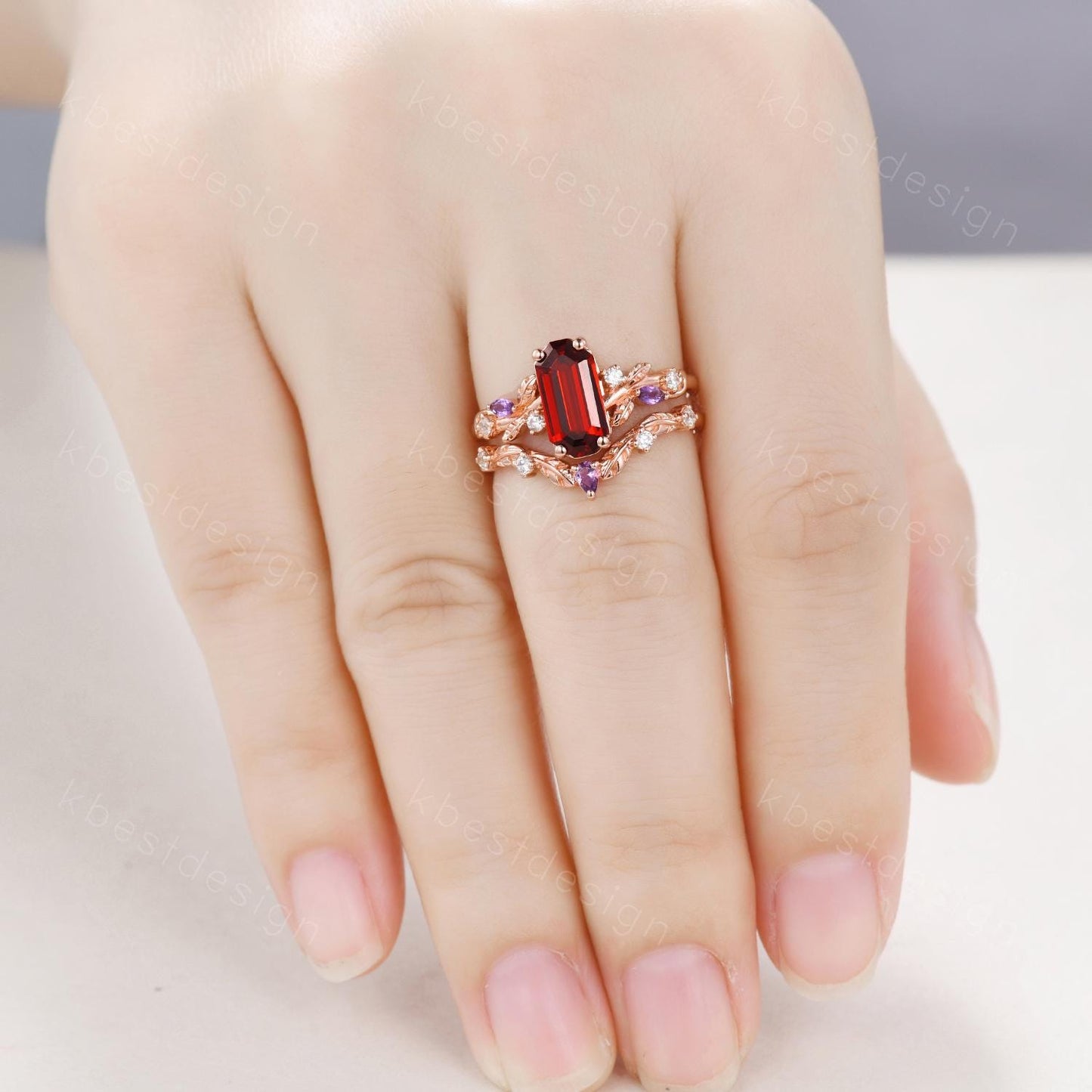 Vintage emerald garnet engagement ring set rose gold twig leaf amethyst ring nature branch ring unique art deco bridal wedding ring set