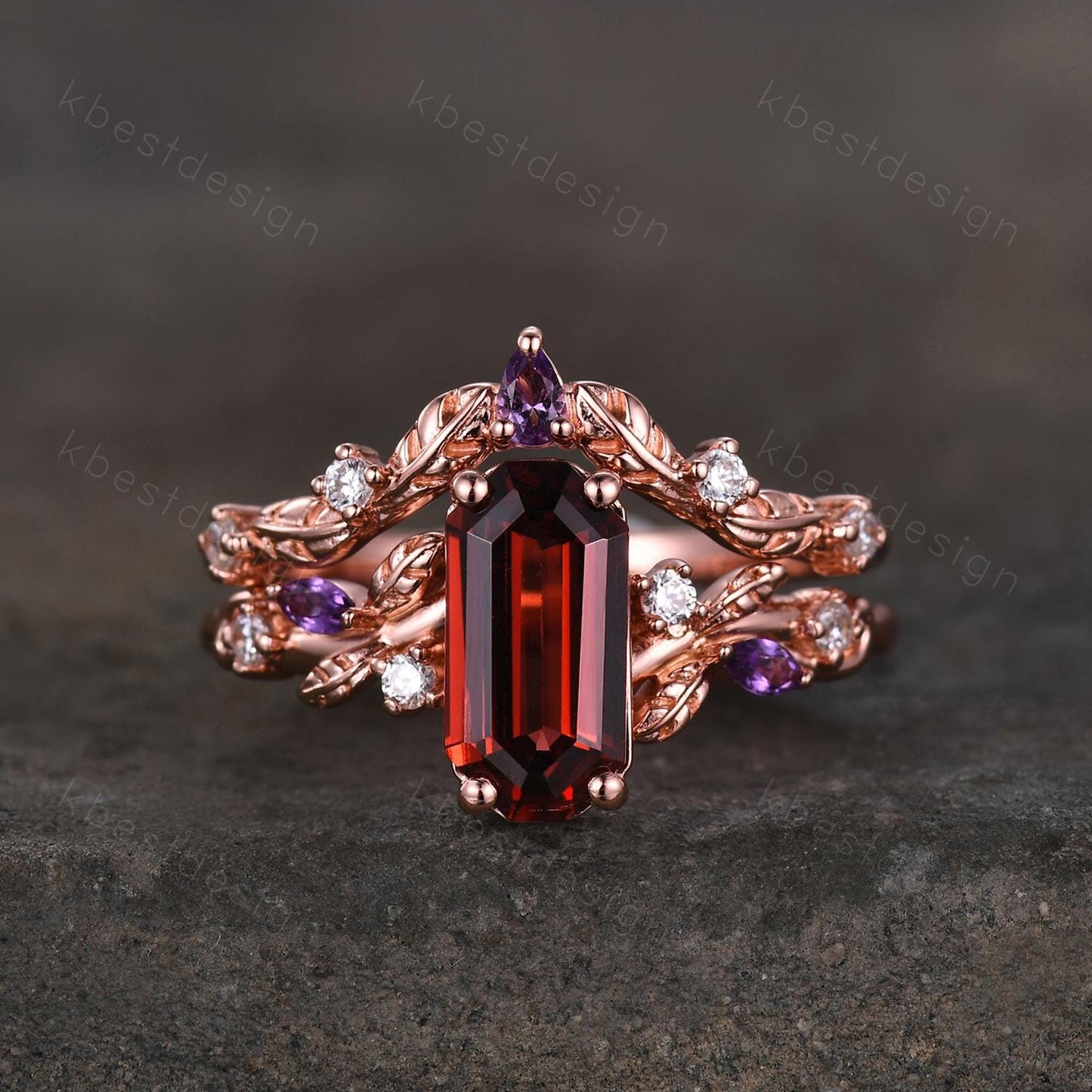 Vintage emerald garnet engagement ring set rose gold twig leaf amethyst ring nature branch ring unique art deco bridal wedding ring set