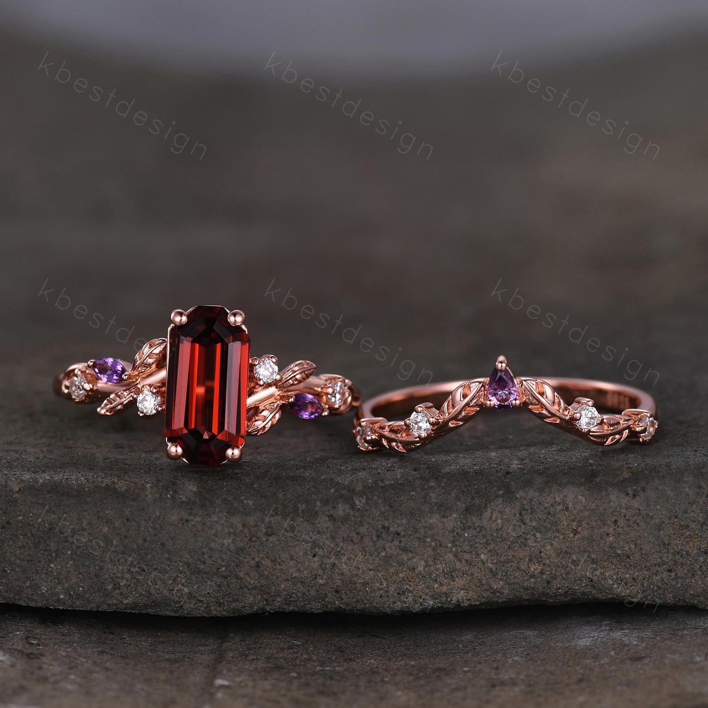 Vintage emerald garnet engagement ring set rose gold twig leaf amethyst ring nature branch ring unique art deco bridal wedding ring set