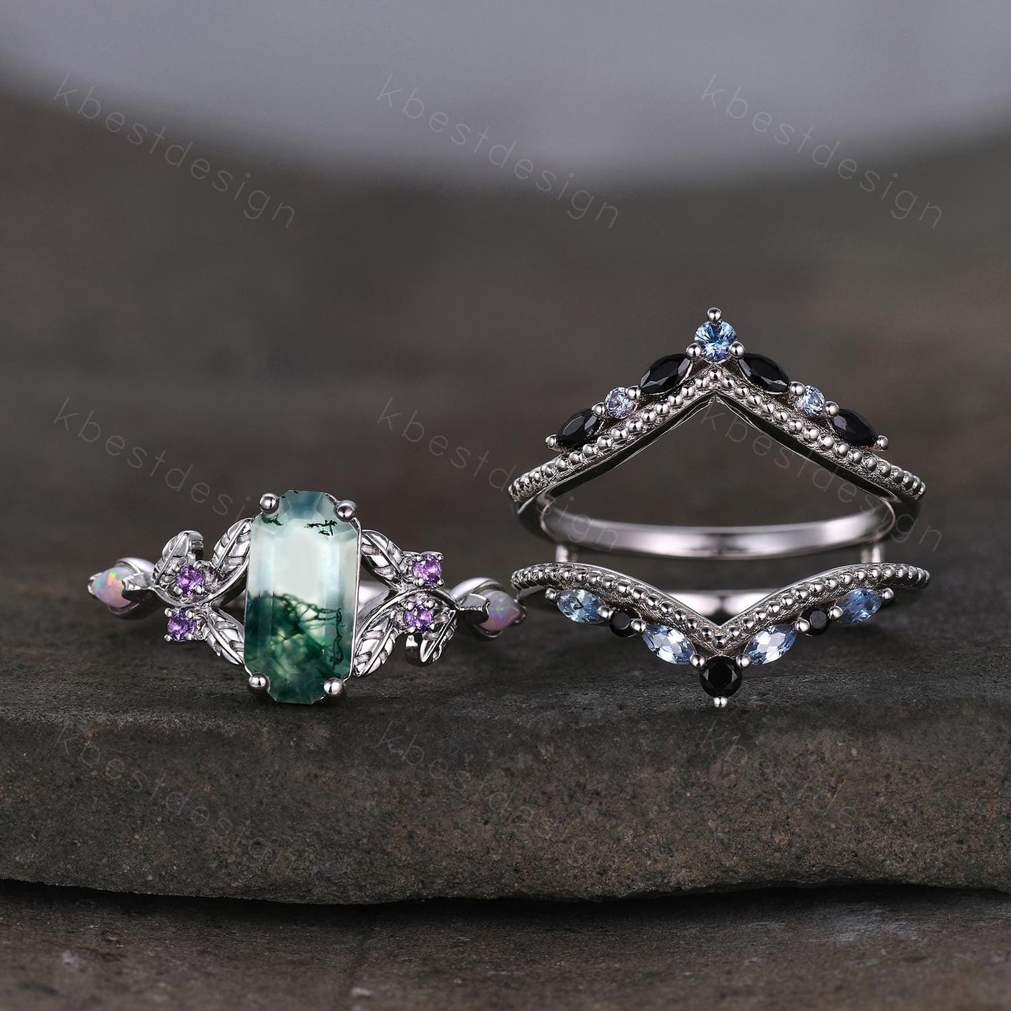 Antique Moss Agate Engagement Ring Set Retro Emerald cut Engagement Ring Unique Double Curved Alexandrite Stacking Band Bridal Promise Set