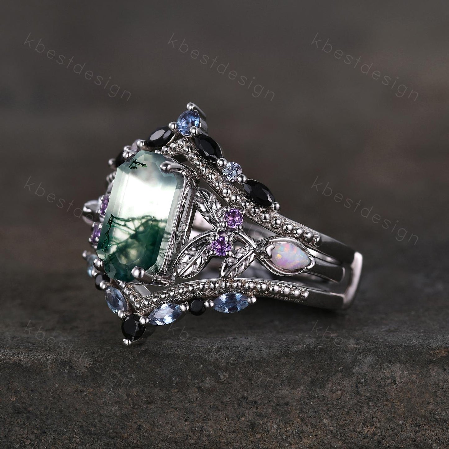 Antique Moss Agate Engagement Ring Set Retro Emerald cut Engagement Ring Unique Double Curved Alexandrite Stacking Band Bridal Promise Set