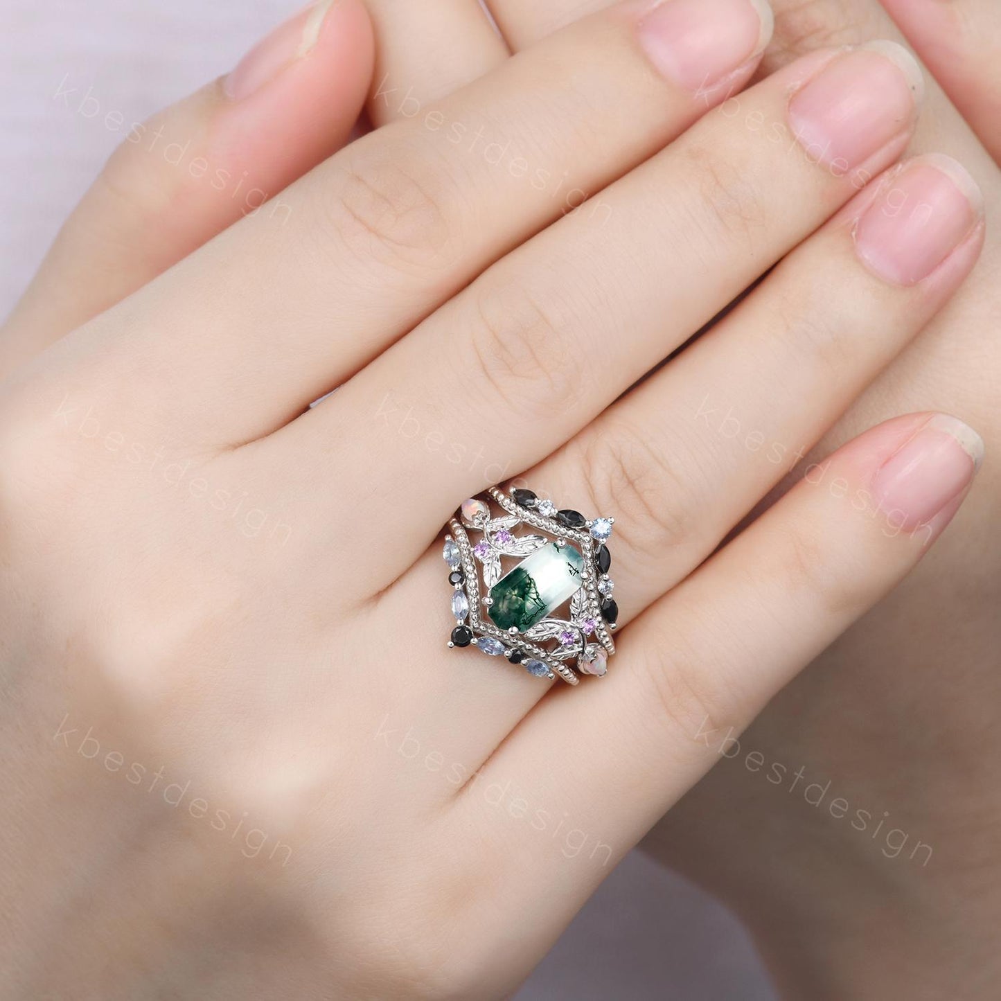 Antique Moss Agate Engagement Ring Set Retro Emerald cut Engagement Ring Unique Double Curved Alexandrite Stacking Band Bridal Promise Set