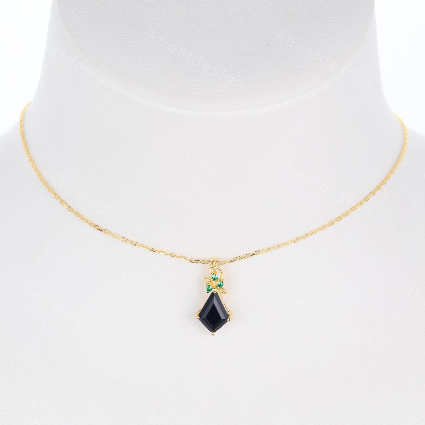 Kite cut natural black onyx necklace vintage women yellow gold necklace unique leaf emerald pendant antique art deco bridal promise gift