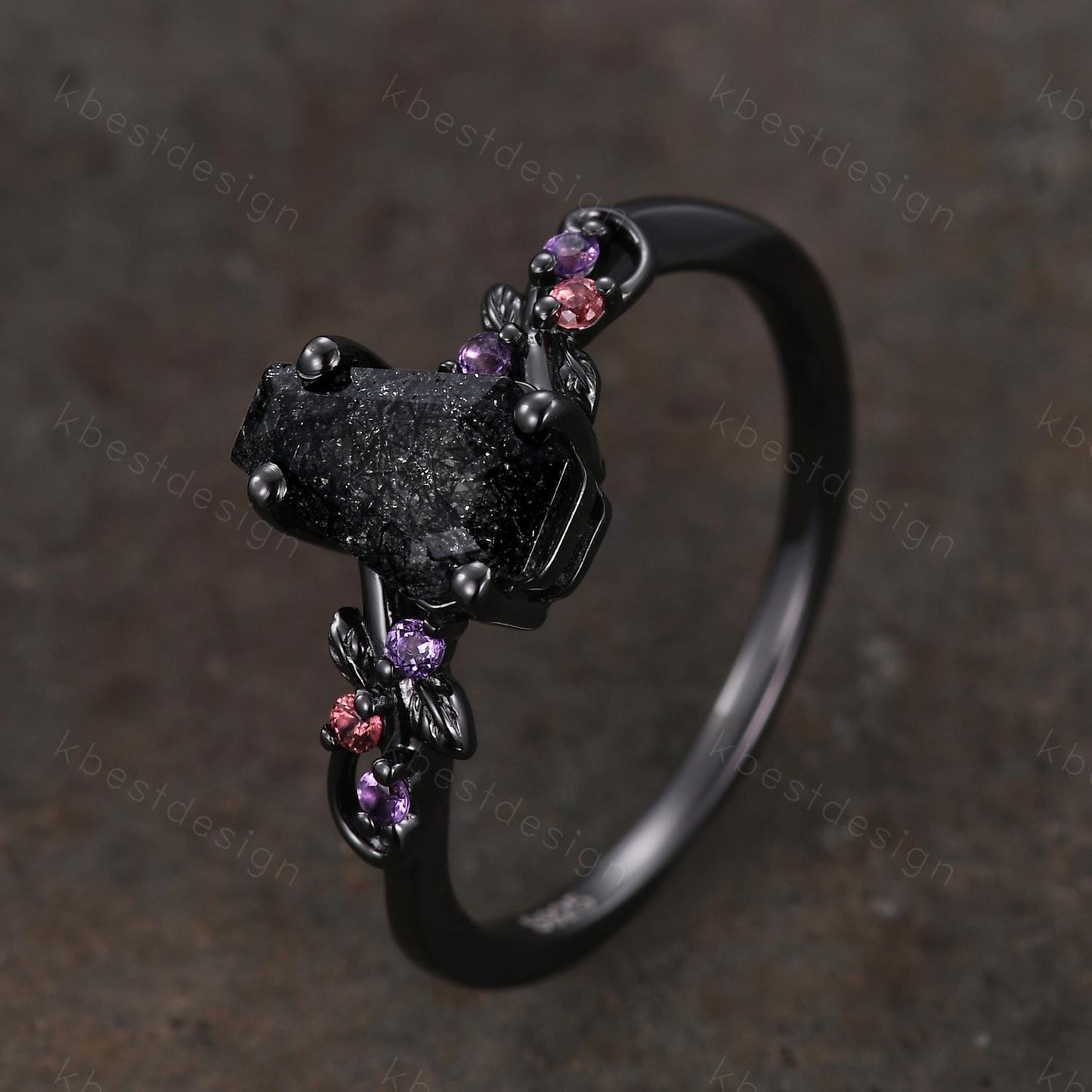 Coffin cut black rutilated quartz engagement ring black gold ring Art deco leaf design amethyst Bridal ring Unique promise ring