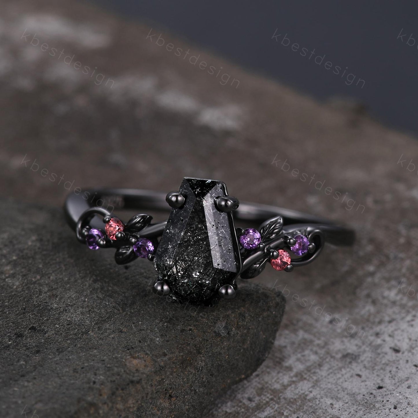 Coffin cut black rutilated quartz engagement ring black gold ring Art deco leaf design amethyst Bridal ring Unique promise ring