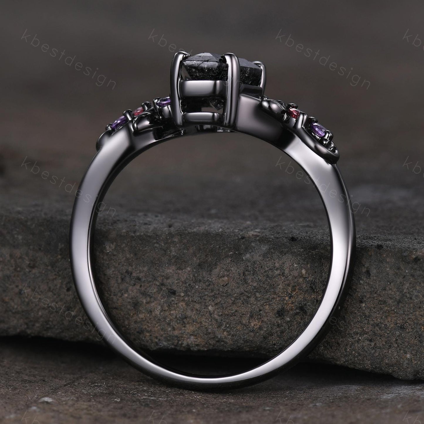 Coffin cut black rutilated quartz engagement ring black gold ring Art deco leaf design amethyst Bridal ring Unique promise ring