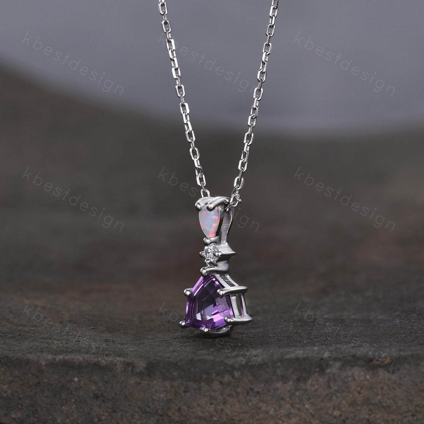 Vintage Amethyst Opal Necklace, White Gold Trillion cut Amethyst Pendant, February Birthstone Jewelry, Unique Art Deco Bridal Promise Gift