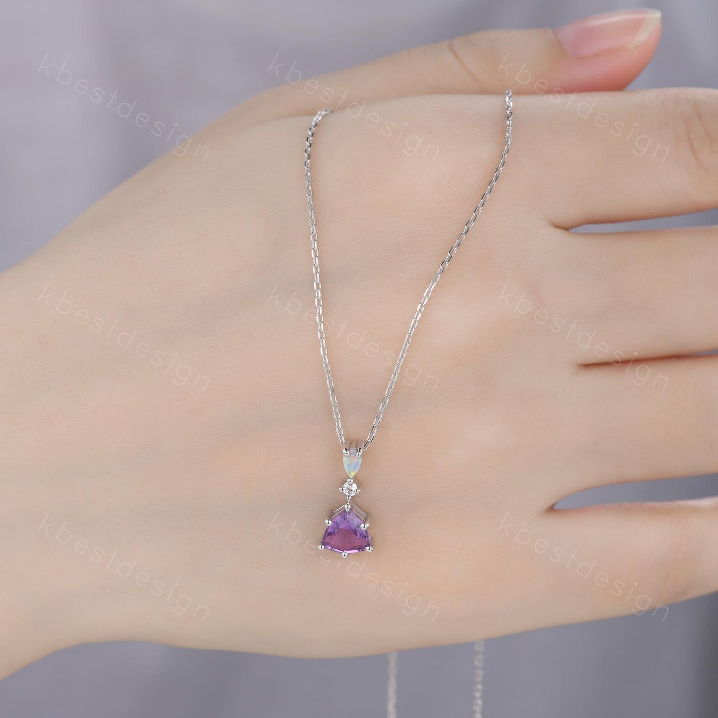 Vintage Amethyst Opal Necklace, White Gold Trillion cut Amethyst Pendant, February Birthstone Jewelry, Unique Art Deco Bridal Promise Gift