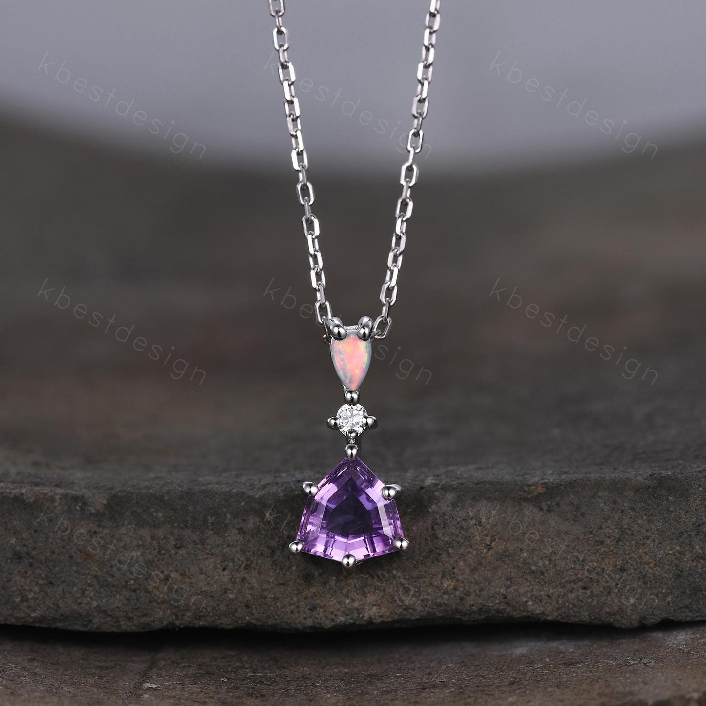 Vintage Amethyst Opal Necklace, White Gold Trillion cut Amethyst Pendant, February Birthstone Jewelry, Unique Art Deco Bridal Promise Gift