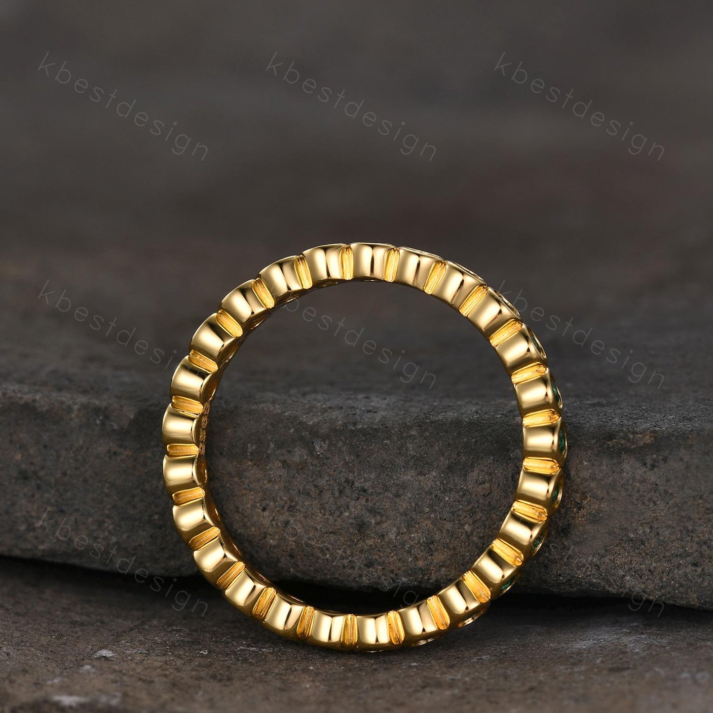 Bezel set Emerald wedding band yellow gold full eternity wedding band unique stacking matching band 1.5mm emerald ring Anniversary band