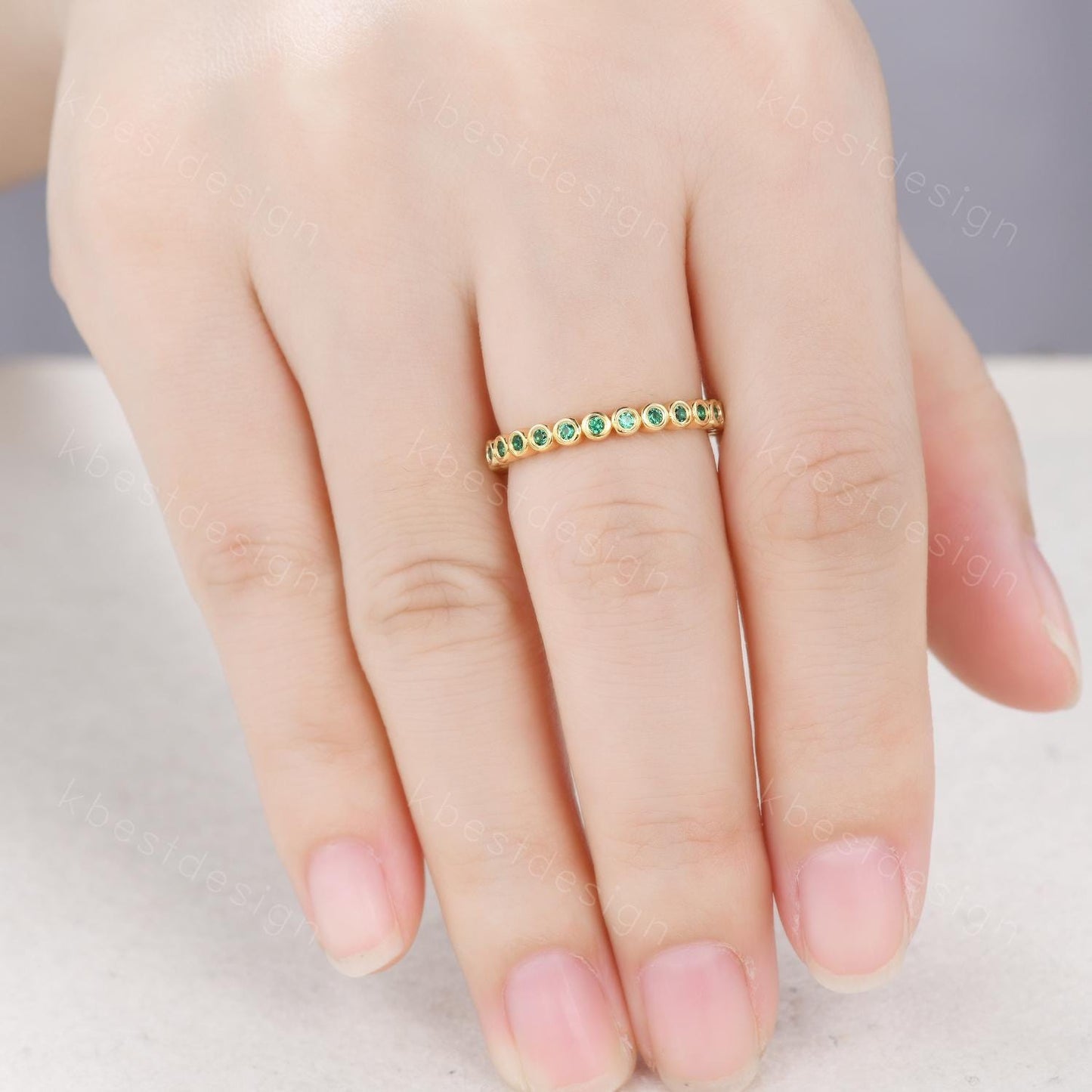 Bezel set Emerald wedding band yellow gold full eternity wedding band unique stacking matching band 1.5mm emerald ring Anniversary band