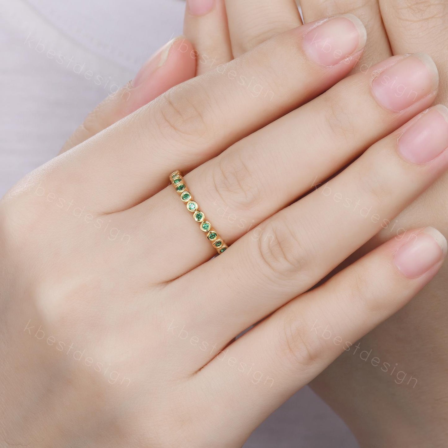 Bezel set Emerald wedding band yellow gold full eternity wedding band unique stacking matching band 1.5mm emerald ring Anniversary band