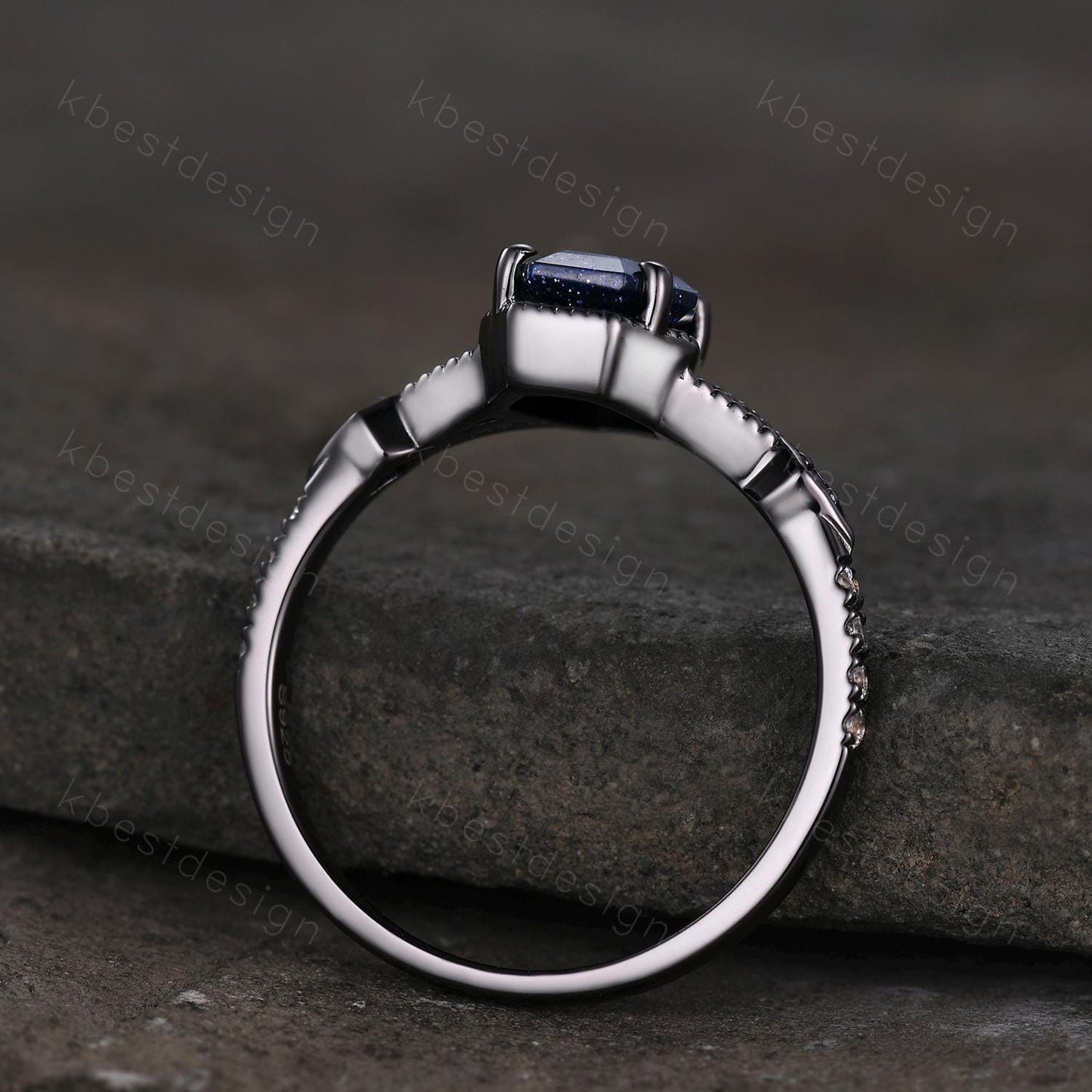 Vintage Coffin cut Blue Sandstone Engagement Ring Art Deco Galaxy Wedding Ring Gothic Black Gold Ring Unique Bridal Promise Set