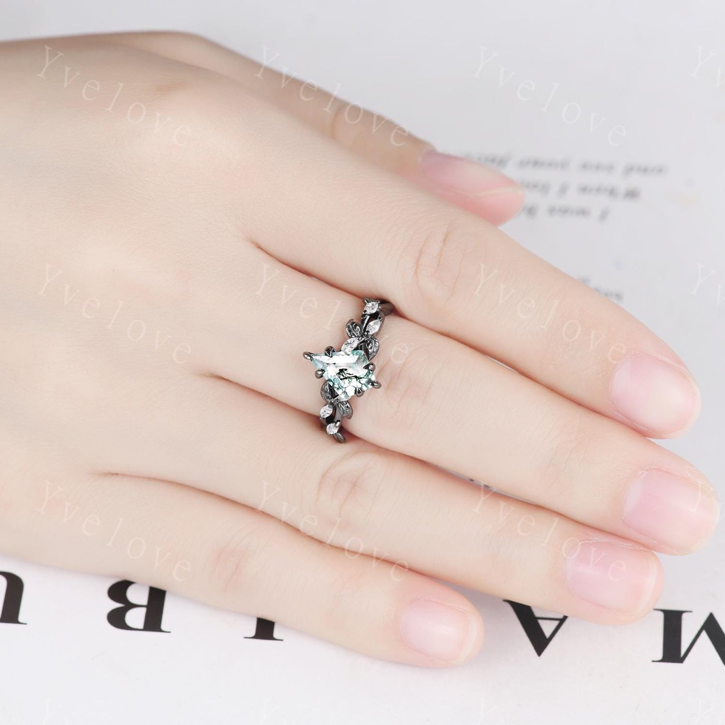 Gothic Kite Shape Moss Agate Ring,Vintage Cluster Vine Leaf Ring,Antique Moissanite Bridal Promise Ring Gift Nature Inspired Black Gold band