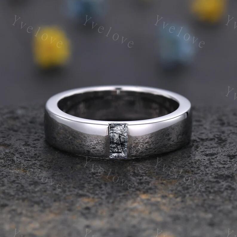 Mens Black Rutilate Quartz Wedding Band Baguette Cut Band 5mm Black Gold Ring Mens Solitaire Stacking Matching Band Retro Vintage Ring Gift
