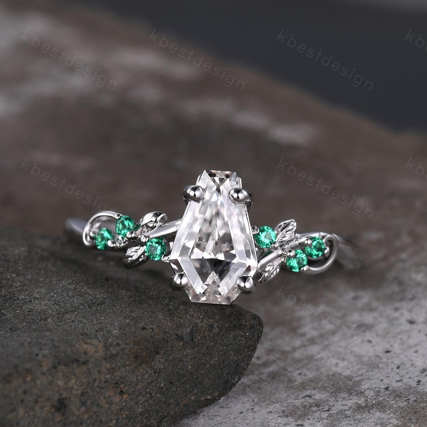 Coffin cut moissanite engagement ring 14k white gold ring Art deco leaf design emerald wedding ring nature inspired ring bridal promise ring