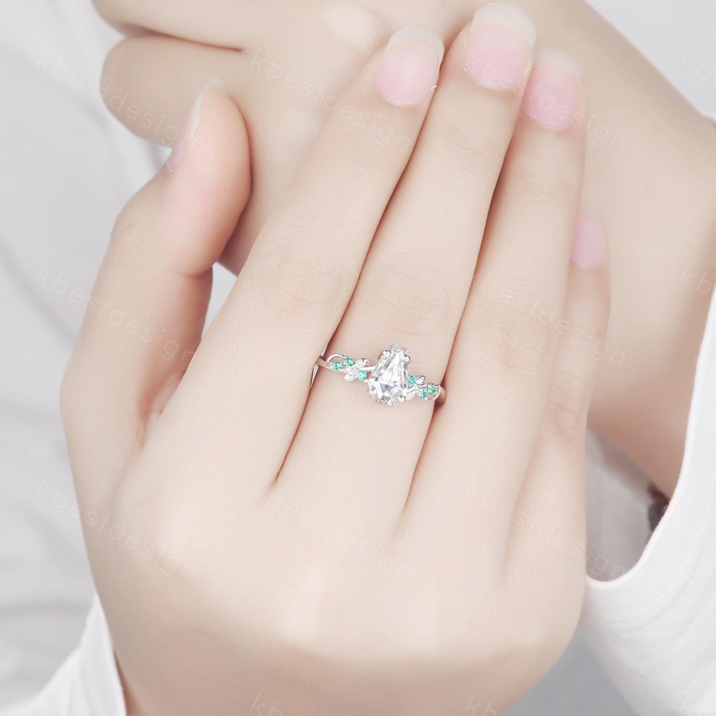 Coffin cut moissanite engagement ring 14k white gold ring Art deco leaf design emerald wedding ring nature inspired ring bridal promise ring