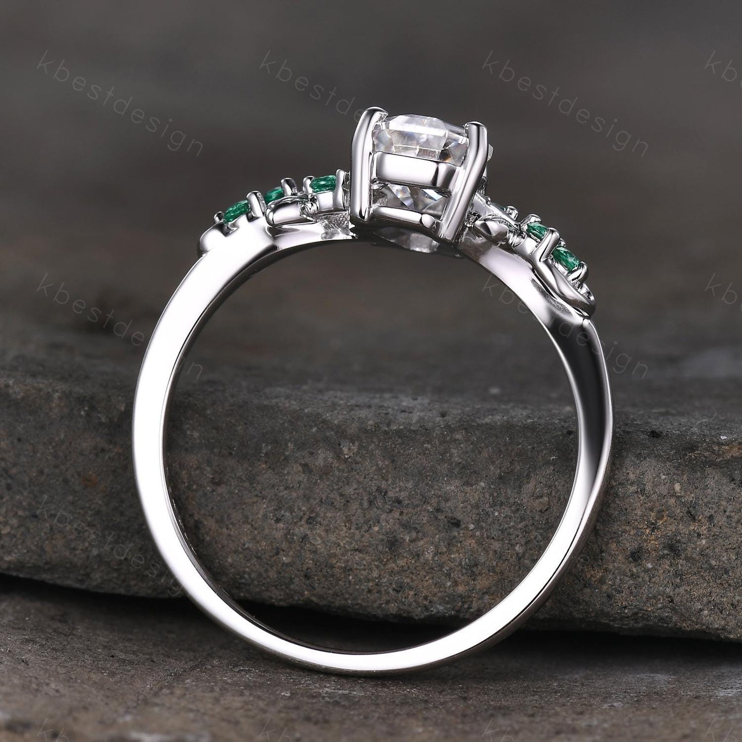 Coffin cut moissanite engagement ring 14k white gold ring Art deco leaf design emerald wedding ring nature inspired ring bridal promise ring