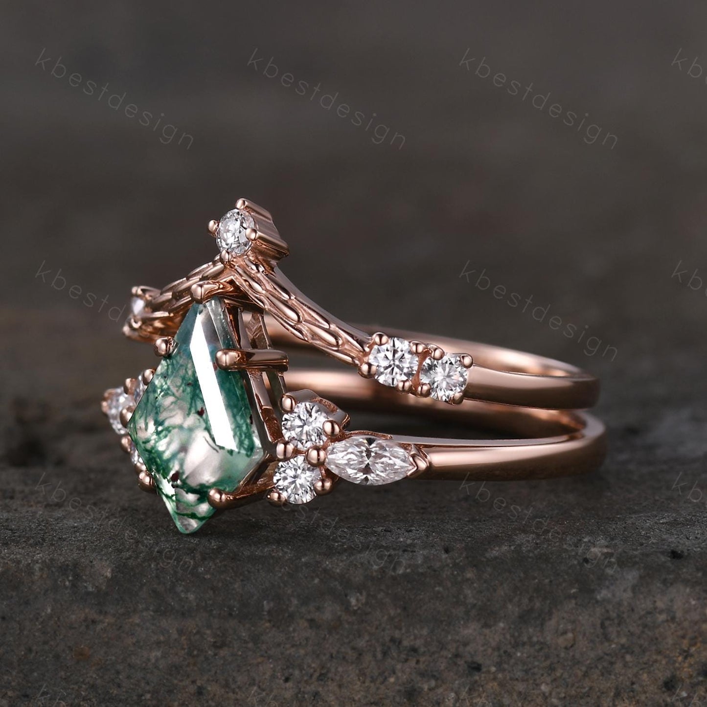 Vintage moss agate engagement ring set rose gold cluster moissanite ring for women curved stacking matching bands Promise anniversary ring